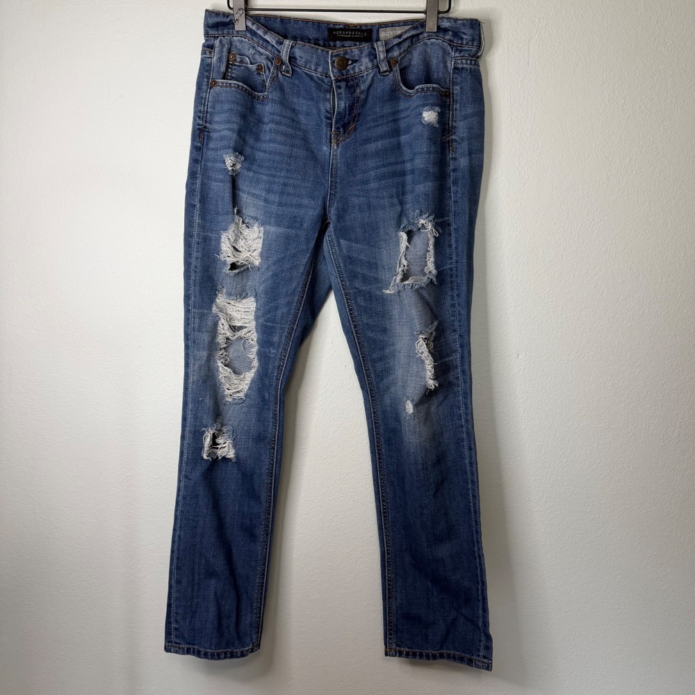Aeropostale - Mid Rise Boyfriend Fit Straight Jeans‎ Medium Wash Distressed Sz 8